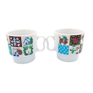 Ceramic Coffee Mugs Vintage Christmas Patchwork Pattern China 3 Inches Set Of 2